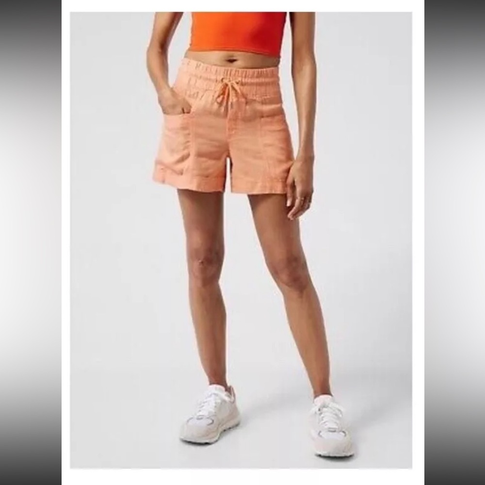 Athleta Orange Cargo Shorts 100% Linen Pull On Drawstring Relaxed Fit